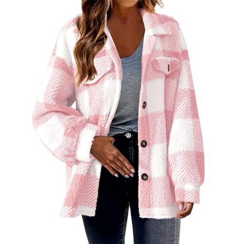 Hemdjacke Damen Fleece Wintermantel Plüschjacke Flauschig Winterjacke Kariert Holzfällerjacke Freizeitjacke Karo Shacket Hemd Casual Warme Übergangsjacke Button Down Hemdbluse Outdoorjacke Rosa L von HEITUI