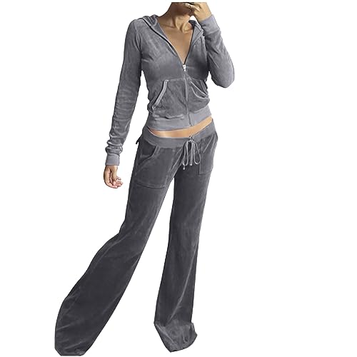 Jogginganzug Damen Samt Trainingsanzug Tracksuit Elegant 2 Teilig Kapuzenjacke Langarm Zipper Sweatjacke Lang Hose Einfarbig Zweiteiler Outfit Hoodie Sweatsuit Kapuze Hausanzug Hosenanzug Grau S von HEITUI