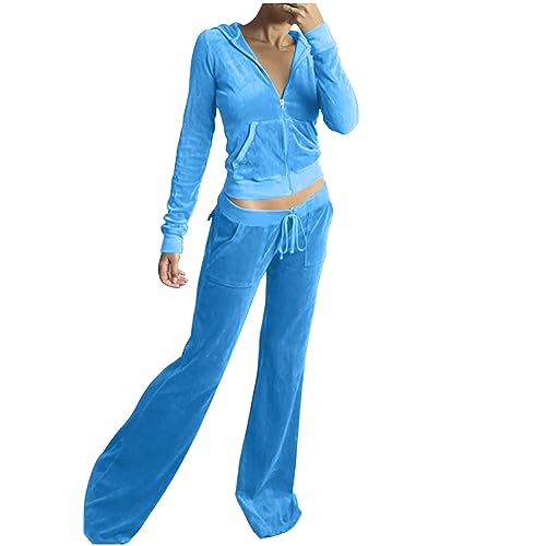 Jogginganzug Damen Samt Trainingsanzug Tracksuit Elegant 2 Teilig Kapuzenjacke Langarm Zipper Sweatjacke Lang Hose Einfarbig Zweiteiler Outfit Hoodie Sweatsuit Kapuze Hausanzug Hosenanzug Himmelblau M von HEITUI