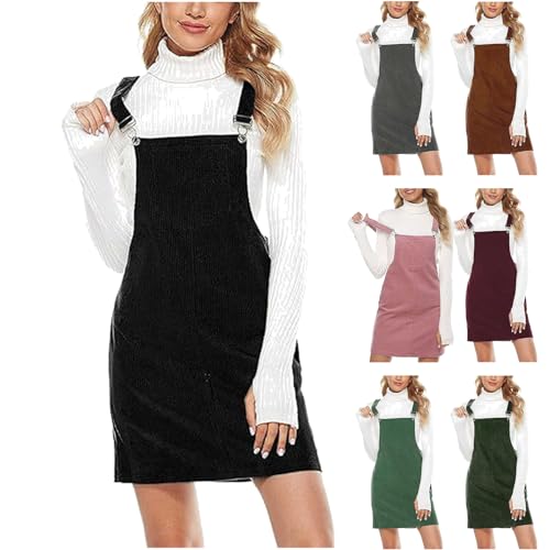 Latzkleid Damen Cord Overall Kleid Knielang Freizeitkleider Trägerkleid Latzrock mit Tasche Elegant Einfarbige Kordkleid Cocktail Mini Dress Teenager Mädchen Winterkleid 2024 Kleider Schwarz XL von HEITUI