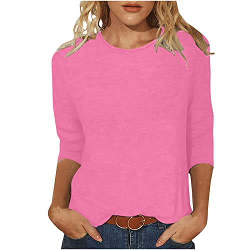 Pullover Damen 3/4 Arm Shirt Elegante Tunika Oberteile Rundhals Bluse Einfarbig Basic Tops Slim Fit Blusenshirt Klassisch Mode Freizeitbluse Leichtes Frühlingspullover Damenpullover Rosa XL von HEITUI