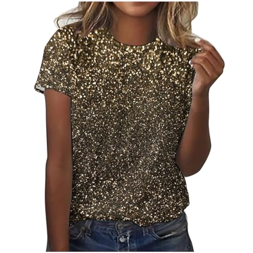 T Shirt Damen Sommer Kurzarm Tshirt Pailletten Druck Oberteil Rundhals Tunika T-Shirt Glitzer Party Shirt Lose Bluse Tops Frauen Sommershirt Sommerbluse Karneval Fasching Kleidung 2024 Gold 3XL von HEITUI