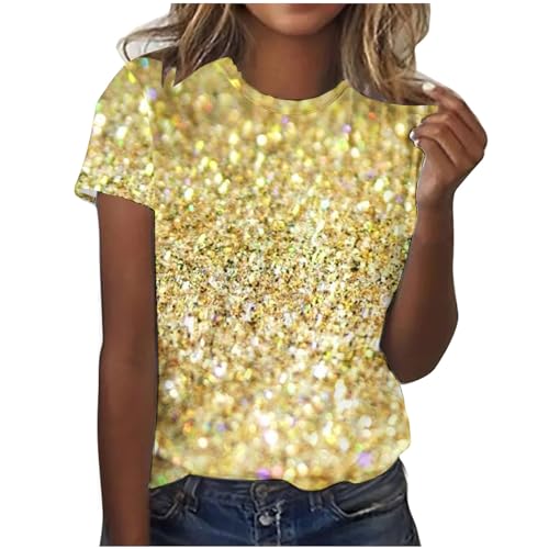 T Shirt Damen Sommer Kurzarm Tshirt Pailletten Druck Oberteil Rundhals Tunika T-Shirt Glitzer Party Shirt Lose Bluse Tops Frauen Sommershirt Sommerbluse Karneval Fasching Kleidung 2024 Gold S von HEITUI