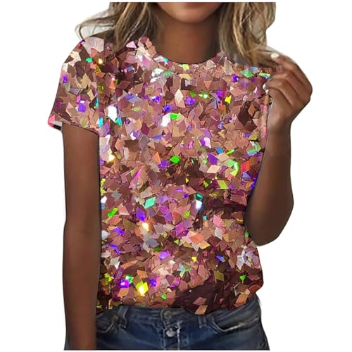 T Shirt Damen Sommer Kurzarm Tshirt Pailletten Druck Oberteil Rundhals Tunika T-Shirt Glitzer Party Shirt Lose Bluse Tops Frauen Sommershirt Sommerbluse Karneval Fasching Kleidung 2024 Mehrfarbig XXL von HEITUI