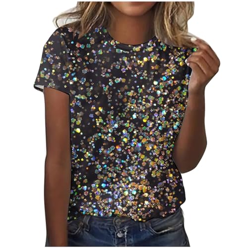 T Shirt Damen Sommer Kurzarm Tshirt Pailletten Druck Oberteil Rundhals Tunika T-Shirt Glitzer Party Shirt Lose Bluse Tops Frauen Sommershirt Sommerbluse Karneval Fasching Kleidung 2024 Schwarz 6XL von HEITUI