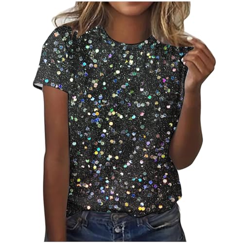 T Shirt Damen Sommer Kurzarm Tshirt Pailletten Druck Oberteil Rundhals Tunika T-Shirt Glitzer Party Shirt Lose Bluse Tops Frauen Sommershirt Sommerbluse Karneval Fasching Kleidung 2024 Schwarz XL von HEITUI