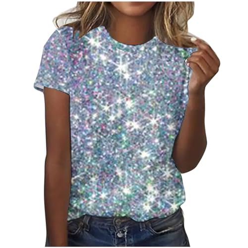 T Shirt Damen Sommer Kurzarm Tshirt Pailletten Druck Oberteil Rundhals Tunika T-Shirt Glitzer Party Shirt Lose Bluse Tops Frauen Sommershirt Sommerbluse Karneval Fasching Kleidung 2024 Silber 3XL von HEITUI