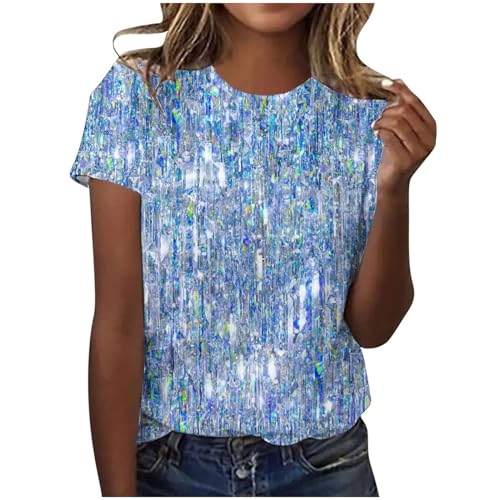 Tshirt Damen Baumwolle Kurzarm Shirt Sommer Rundhals Bluse Elegant Tunika Hemd T-Shirt Pailletten Muster Oberteil Hochzeit Party Glitzertop 2024 Faschingskostüme Sommermode Bekleidung Blau M von HEITUI