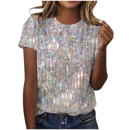 Tshirt Damen Baumwolle Kurzarm Shirt Sommer Rundhals Bluse Elegant Tunika Hemd T-Shirt Pailletten Muster Oberteil Hochzeit Party Glitzertop 2024 Faschingskostüme Sommermode Bekleidung Grau XXL von HEITUI