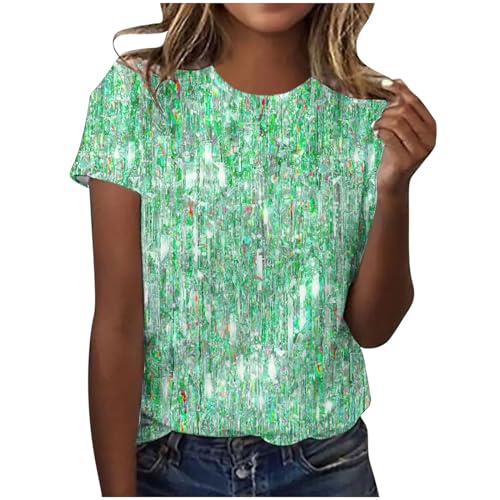 Tshirt Damen Baumwolle Kurzarm Shirt Sommer Rundhals Bluse Elegant Tunika Hemd T-Shirt Pailletten Muster Oberteil Hochzeit Party Glitzertop 2024 Faschingskostüme Sommermode Bekleidung Grün M von HEITUI