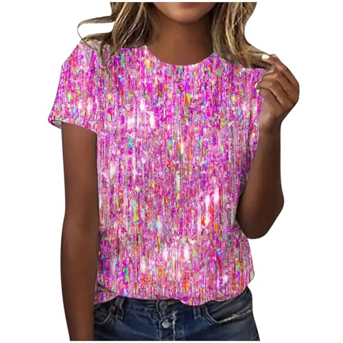 Tshirt Damen Baumwolle Kurzarm Shirt Sommer Rundhals Bluse Elegant Tunika Hemd T-Shirt Pailletten Muster Oberteil Hochzeit Party Glitzertop 2024 Faschingskostüme Sommermode Bekleidung Pink L von HEITUI