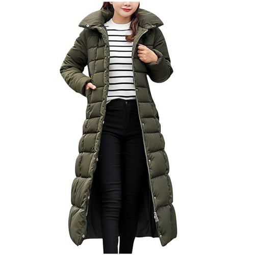 Winterjacke Damen Lang Daunenjacke Wintermantel Leichtes Steppjacke Puffer Jacke Winter Warme Mantel mit Kapuze Outdoor Übergangsjacke Trenchcoat Reißverschluss Langarm Outwear für Frauen Armeegrün L von HEITUI