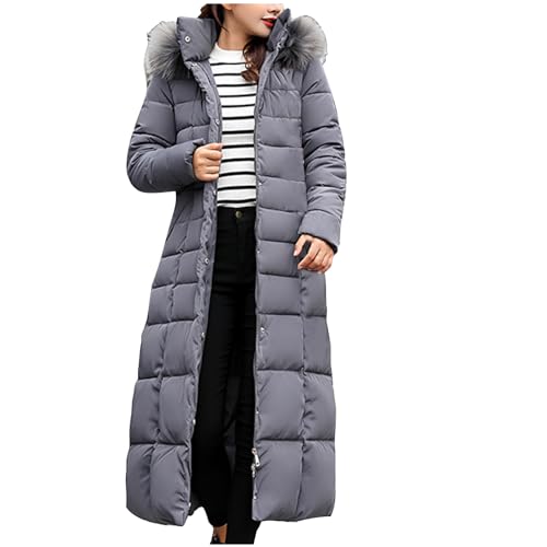 Winterjacke Damen Lang Daunenjacke Wintermantel Leichtes Steppjacke Puffer Jacke Winter Warme Mantel mit Kapuze Outdoor Übergangsjacke Trenchcoat Reißverschluss Langarm Outwear für Frauen Grau L von HEITUI