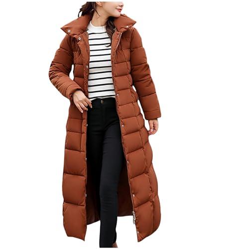 Winterjacke Damen Lang Daunenjacke Wintermantel Leichtes Steppjacke Puffer Jacke Winter Warme Mantel mit Kapuze Outdoor Übergangsjacke Trenchcoat Reißverschluss Langarm Outwear für Frauen Kaffee 3XL von HEITUI