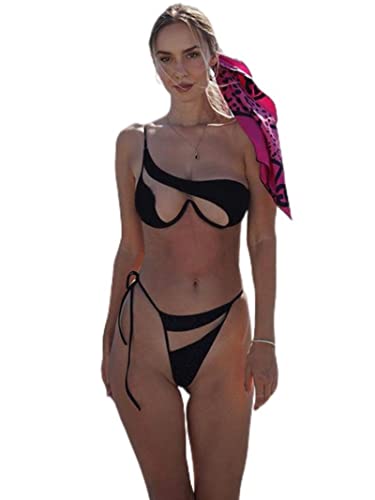 HEIYE Damen Mesh Bikini Sexy One Shoulder Bra Top + Bandage Höschen Urlaub Strand Stil Mode Clubwear - Schwarz, S von HEIYE