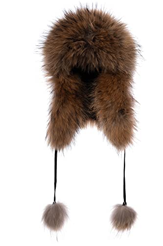 HEIZZI Echte Fuchspelz Bombermütze Damen Wetter Waschbär Pelz Ohrenklappe Warme Trapper Mütze Nylon Shell mit Pelz Pom von HEIZZI