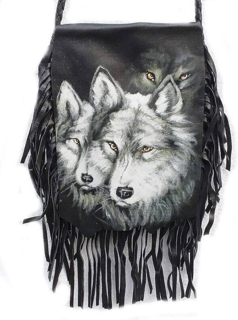 Designer Ledertasche Unikat Mit Fransen Gr. 18 X 24 cm. Handbemalt Motiv Wolf 3 Umhängetasche Leder Tasche Fransentasche von HEJOKA