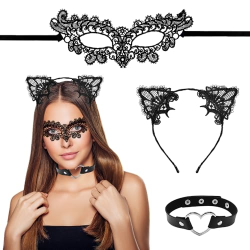 HEKOBAG 3 Stück Katzenohren Haarreif Spitze Maskenball Maske Damen Schwarze Gesichtsmaske Augenmaske Spitze Catwoman Ohren Haarreif für Halloween Fasching Karneval Masquerade Cosplay Abendkleid Tanz von HEKOBAG