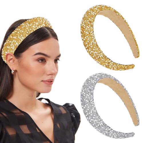 HEKOBAG 2 Stück Damen Haarreifen Glitzer Perlen Stirnband Strass Bling Thick Haarband Elastisches Stirnbänder Glitzernd für Frauen und Mädchen (Silber/Gold) von HEKOBAG