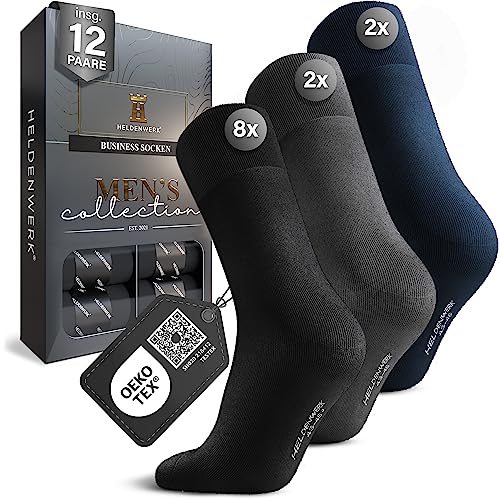 HELDENWERK 12er Pack Socken Herren I Herrensocken mit atmungsaktiver Baumwolle ohne drückende Naht I Business Männersocken, Anzugsocken (8x schwarz, 2x grau, 2x navyblau) von HELDENWERK