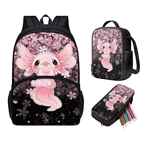 HELLHERO 3 Stück/Set Kinder Schulranzen Set mit Lunchtasche Federmäppchen für Mädchen Jungen, Axolotl Kirschblüte, Medium von HELLHERO