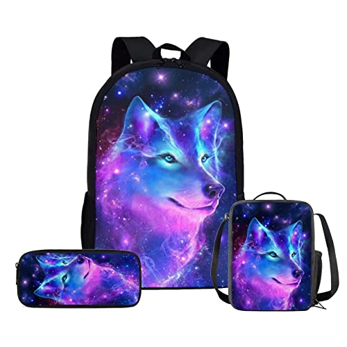 HELLHERO 3-teiliges Schultaschen-Set für Mädchen, Jungen, Rucksack mit Lunch-Tasche, Federmäppchen, wolf, Medium von HELLHERO