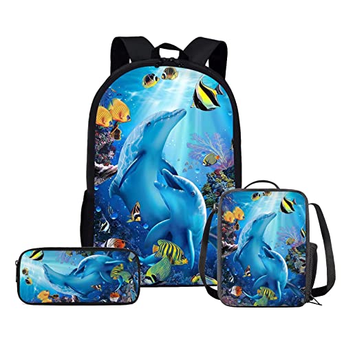 HELLHERO 3 in 1 Student Büchertasche für Kinder Mädchen Jungen Schulrucksack, Delfin, Medium von HELLHERO
