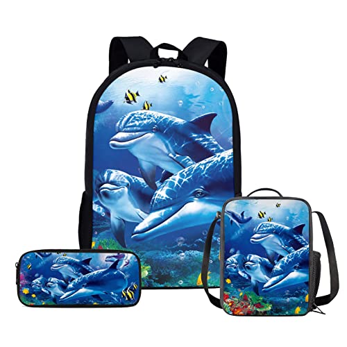 HELLHERO 3-teiliges Set Schulranzen-Set für Mädchen und Jungen, Rucksack mit Lunchtaschen, Federmäppchen, Delfin, Medium von HELLHERO