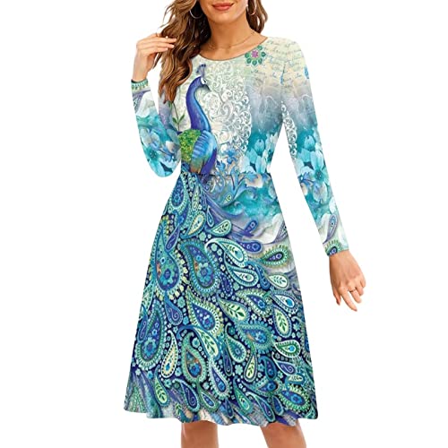 HELLHERO Damen Langarm Kleider T-Shirt Midi Kleid A Linie Swing Kleider, pfau, XXX-Large von HELLHERO