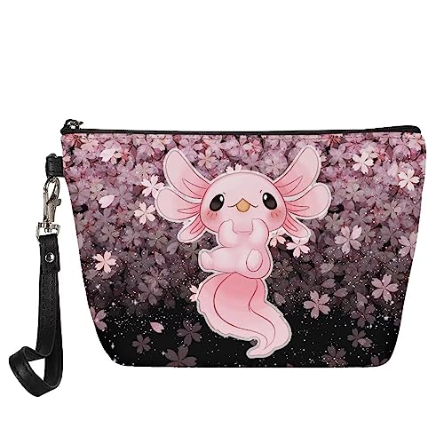 HELLHERO Damen Mädchen Kleine Kosmetiktasche Reise Leder Make Up Taschen, Axolotl Kirschblüte, Small von HELLHERO