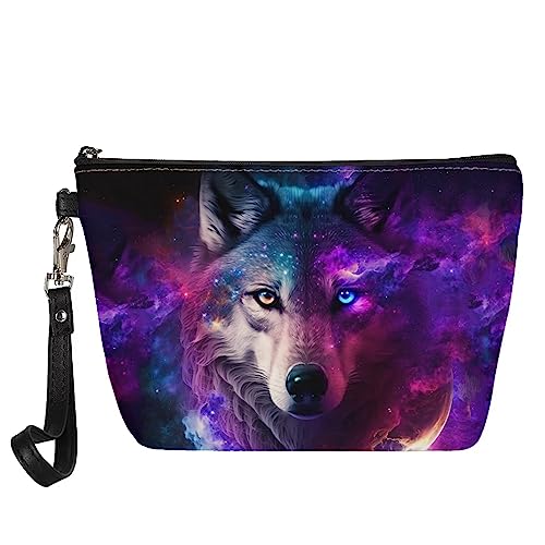 HELLHERO Damen Mädchen Kleine Kosmetiktasche Reise Leder Make Up Taschen, Galaxy Wolf, Small von HELLHERO