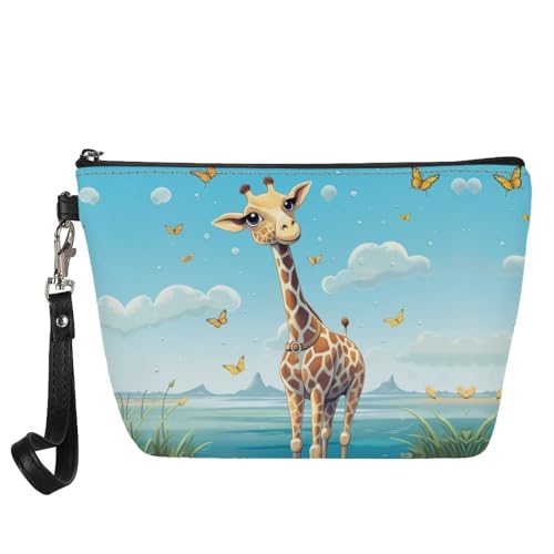 HELLHERO Damen Mädchen Kleine Kosmetiktasche Reise Leder Make Up Taschen, Giraffe 1, Small von HELLHERO