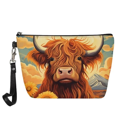 HELLHERO Damen Mädchen Kleine Kosmetiktasche Reise Leder Make Up Taschen, Highland Kuh 1, Small von HELLHERO