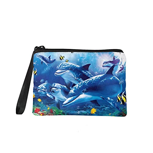 HELLHERO Entzückende Delfin-Münzgeldbörse für Damen und Mädchen, Wechselhalter, Karten, Geldbeutel, Mini-Kosmetiktasche, Reiseaufbewahrung, Organizer, 18 x 12,5 cm, blau, Dolphin, Münztasche von HELLHERO