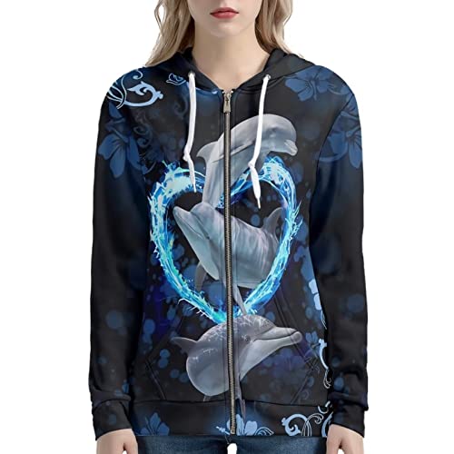 HELLHERO Kapuzenpullover mit Reißverschluss für Damen, Teenager, Mädchen, Jacke, Delfin, 32 von HELLHERO