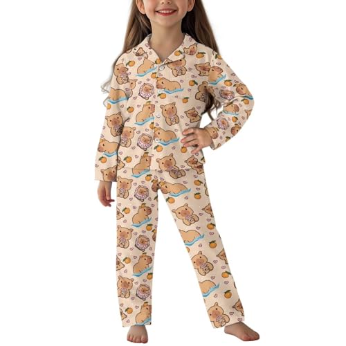 HELLHERO Kinder-Pyjama-Set mit Knopfleiste für Mädchen und Jungen, Größe 3–12 Jahre, Capybara, 11-12 Years von HELLHERO