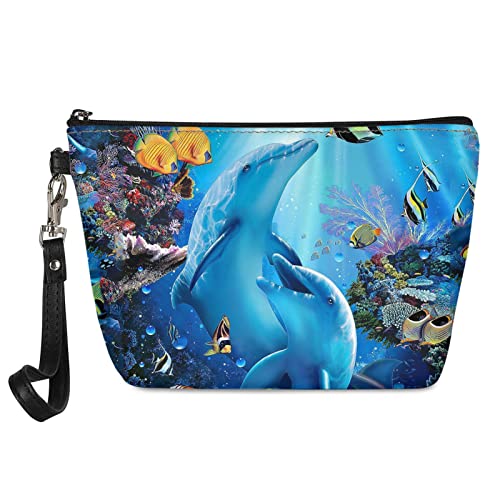 HELLHERO Kleine Kosmetiktasche für Damen und Mädchen, aus Leder, Delfin, Make-up-Tasche von HELLHERO