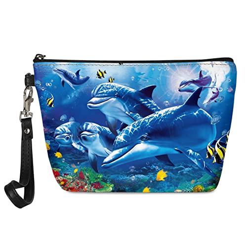 HELLHERO Kleine Kosmetiktasche für Damen und Mädchen, aus Leder, Delfin 3, Make-up-Tasche von HELLHERO