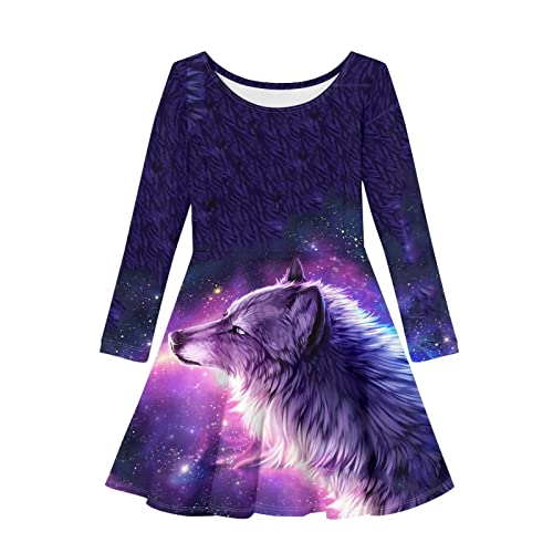 HELLHERO Langärmeliges Kleid für Mädchen Kinder Swing Twirly Skater Kleider 2-14 Jahre alt, Galaxy Wolf, 7-8 Jahre von HELLHERO