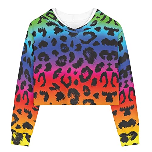 HELLHERO Mädchen Crop Top Kinder Cropped Hoodies Langarm Pullover Sweatshirts 5-14 Jahre, Regenbogenfarbener Leopardenmuster, 11-12 Jahre von HELLHERO