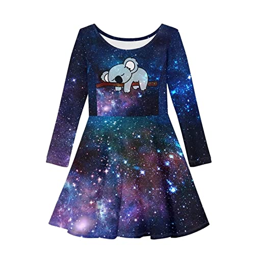 HELLHERO Mädchen Langarm Kleid A-Linie Twirly Skater Freizeitkleid 2-14 Jahre alt, Galaxy Koala, 5-6 Jahre von HELLHERO