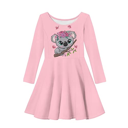 HELLHERO Mädchen Langarm Kleid A-Linie Twirly Skater Freizeitkleid 2-14 Jahre alt, Sloth, 3-4 Jahre von HELLHERO