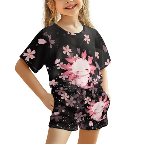 HELLHERO Sommer-Pyjama-Set für Mädchen, Jungen, Kinder, kurzärmelig, 3–16 Jahre, Kirschblüte Axolotl, 11-12 Years von HELLHERO