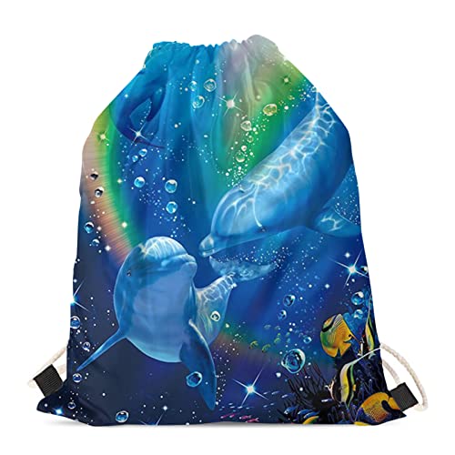 HELLHERO Turnbeutel mit Kordelzug für Kinder, Damen, Herren, Reisen, Sport, Regenbogen-Delfin, One size von HELLHERO