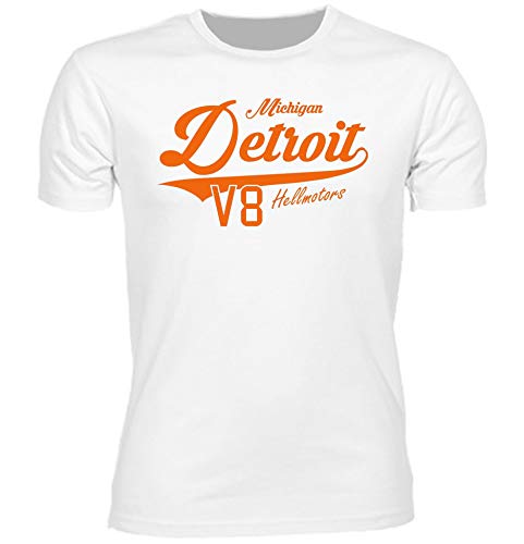 Hellmotors Detroit Oldschool Männer T-Shirt Hot Rod V8 weiß (L, Druckfarbe: Orange) von Hellmotors