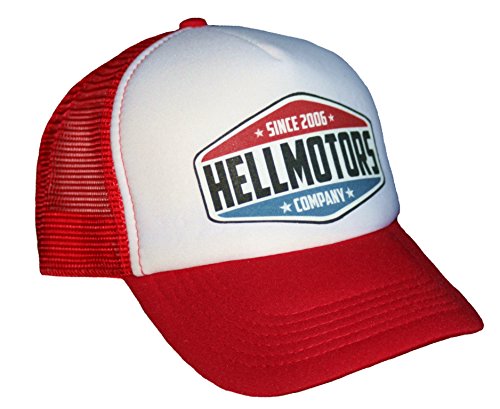 HELLMOTORS Trucker Cap Rot Weiß Hot Rod USCar V8 Old School Kappe Biker Mütze von HELLMOTORS