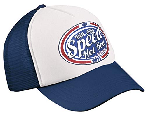 HELLMOTORS Speed Hot Rod Trucker Cap Navy Blau Weiß Basecap Hotrod USCar Oldschool Biker V8 von HELLMOTORS
