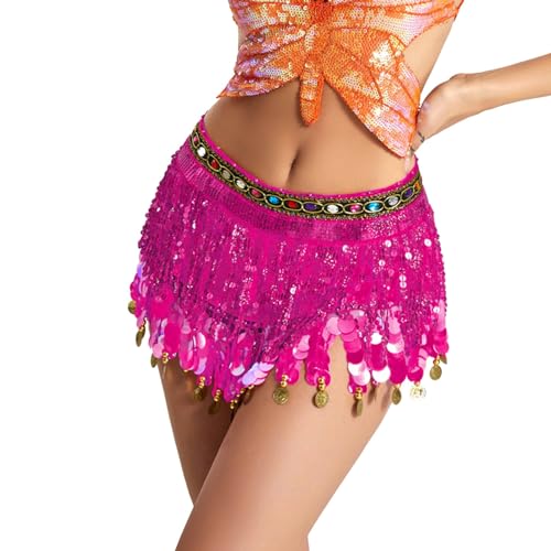 Boho-Fransenrock mit Pailletten, Quaste, Bauchtanz, Hüfttuch, Rave-Party-Röcke, Gürtel für Frauen Mädchen Stretch Röcke Damen (Hot Pink, One Size) von HELLORSOON