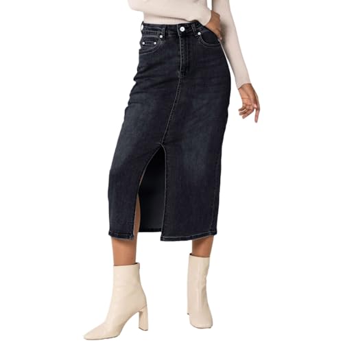 Damen-Jeansrock mit hoher Taille, wadenlang, mit Schlitz vorne, Langer Rock mit Reißverschluss, Stretch, Used-Look Röcke Kurz (Dark Gray, M) von HELLORSOON