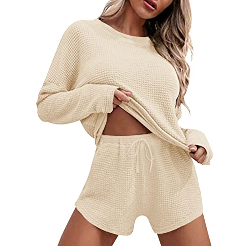 Damen Strick-Pyjama, Anzug, langärmeliges Oberteil und Shorts mit Freizeitkleidung, Freizeitkleidung, Sportanzug, Damen, Bikini, Boardshorts, beige, S von HELLORSOON